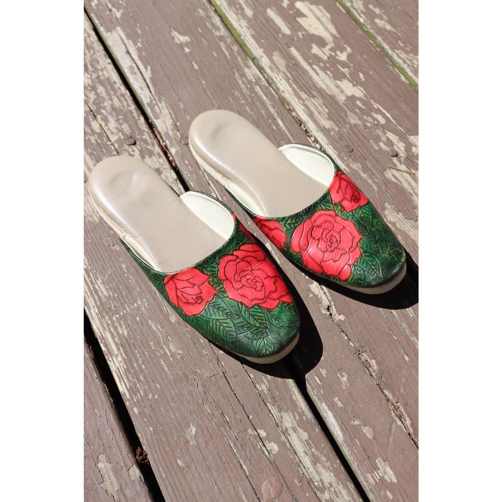 Vintage 80s Leather House Shoes Slippers Floral Rose 8.5 9